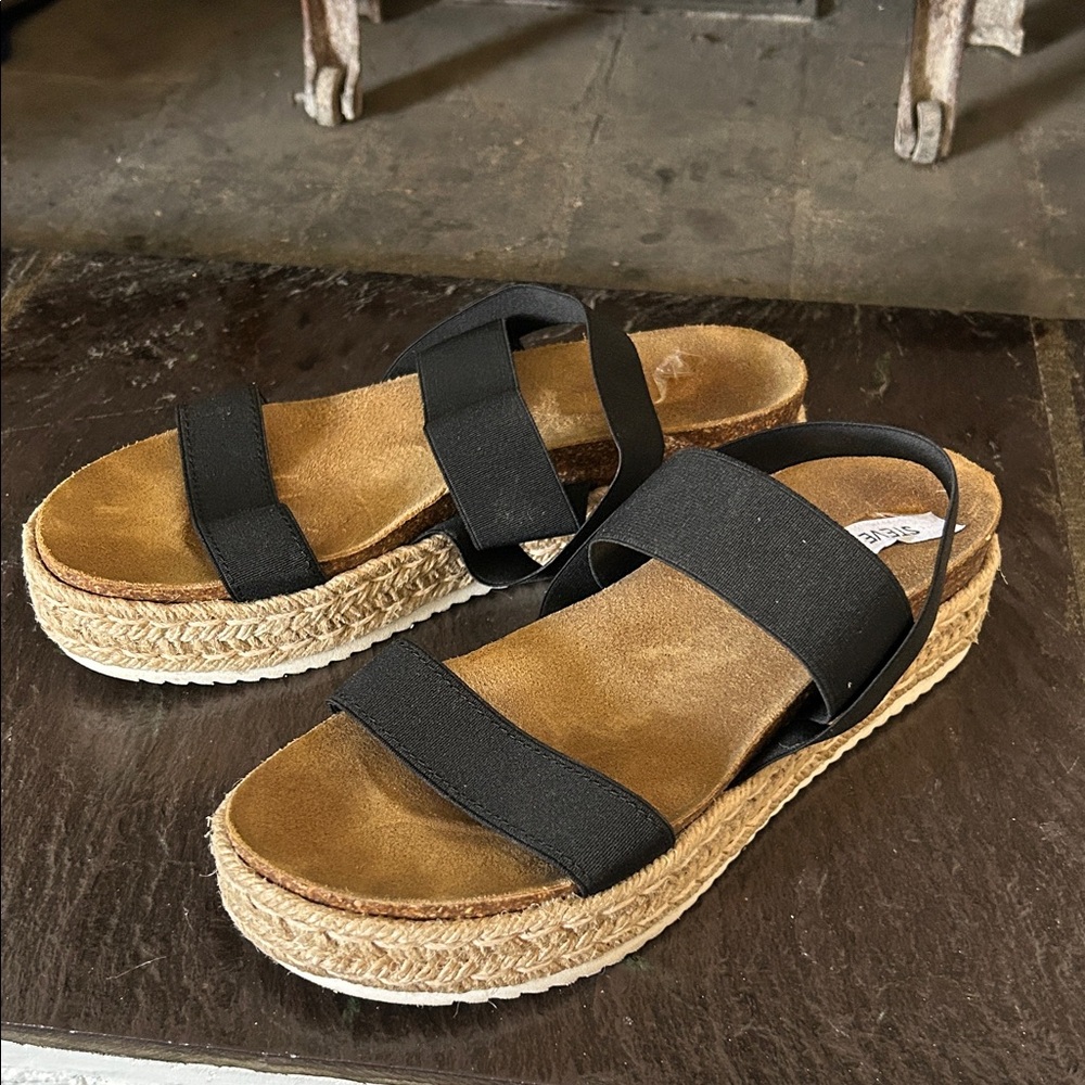 Steve Madden Black and Tan Espadrille Sandals